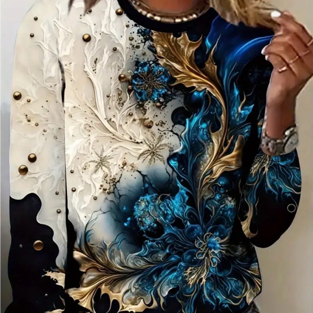 Floral Swirl Long-Sleeve Top in Blue, Gold & White